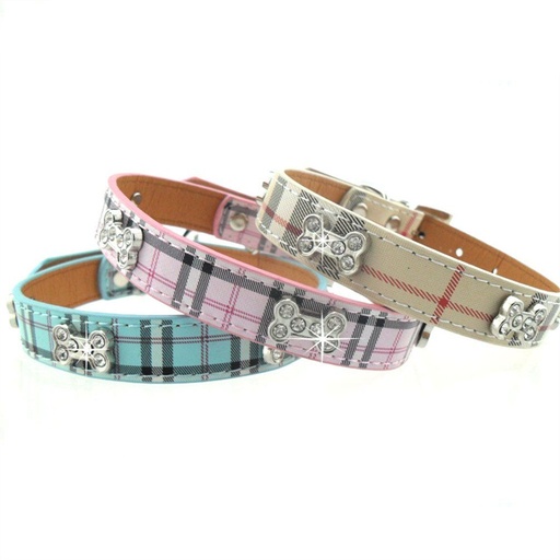 Rhinestone Bone Plaid Dog Collar, Small: 1.5x37cm